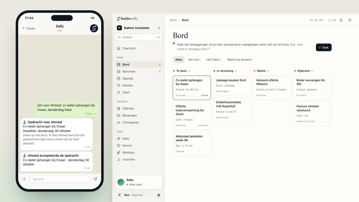 Links geeft de eigenaar in Telegram een opdracht aan Ahmed; Sally zet hem op het bord en Ahmed accepteert. Rechts het takenbord in het dashboard