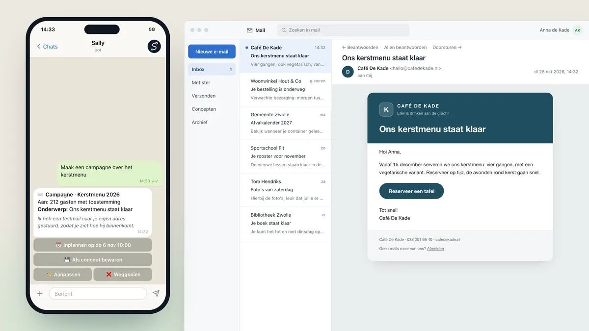 Links de campagne over het kerstmenu in Telegram, met knoppen om in te plannen of als concept te bewaren. Rechts de testmail in de eigen inbox van de eigenaar, in de huisstijl van het café en met een afmeldlink