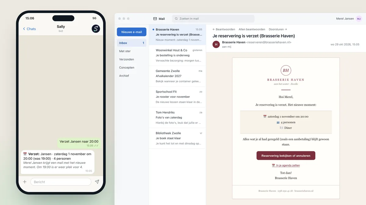 Links zegt de eigenaar in Telegram: verzet Jansen naar 20:00, en Sally bevestigt. Rechts de mail die de gast krijgt met het nieuwe moment, in de huisstijl van het restaurant