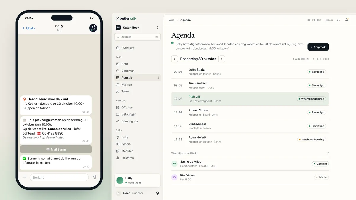 Links meldt Sally in Telegram een afzegging en stelt voor de gast van de wachtlijst te mailen; na één tik is dat gebeurd. Rechts de agenda in het dashboard met de vrije plek en de wachtlijst