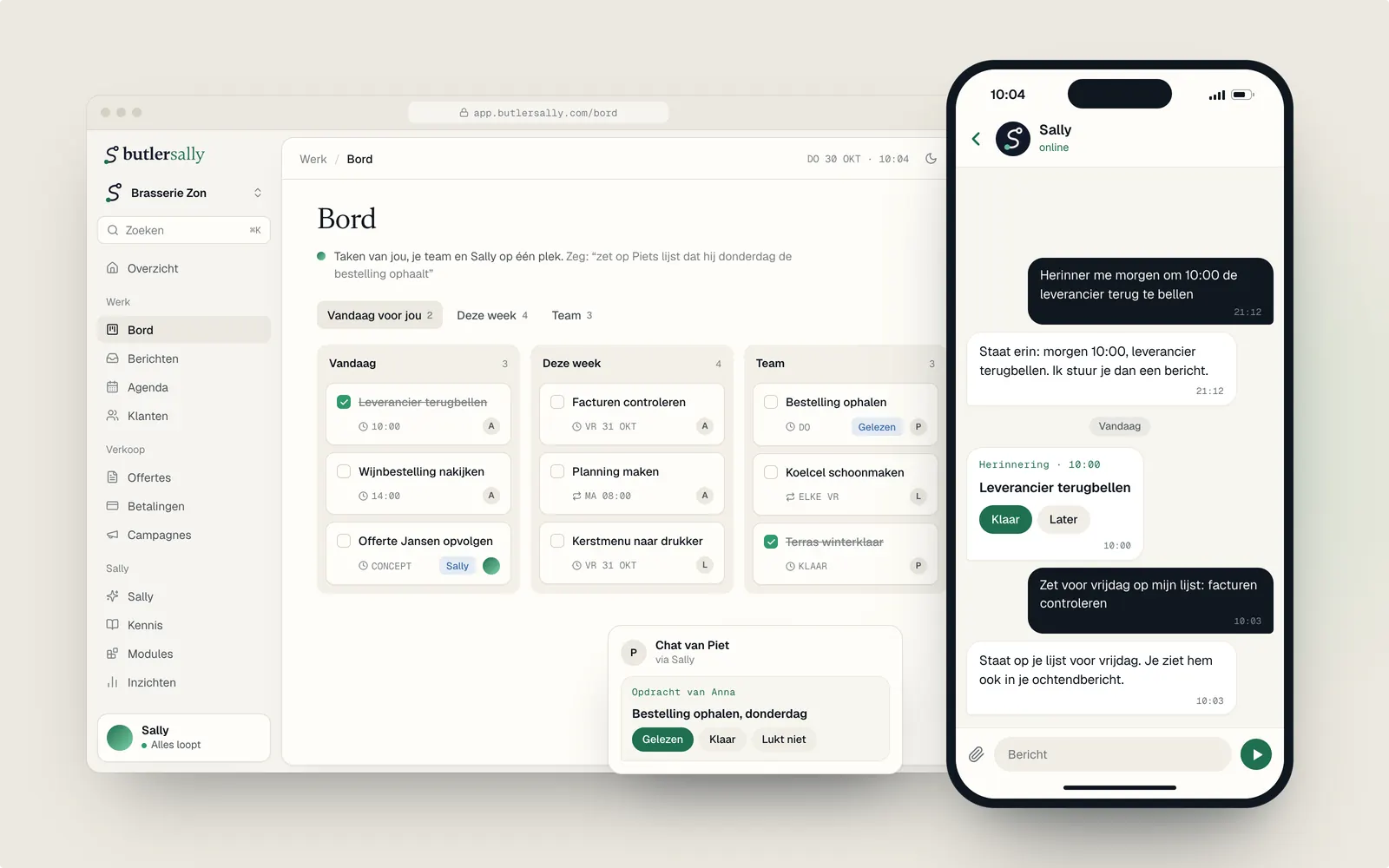 Links het Bord in het dashboard: Vandaag voor jou, deze week en team, met een opdracht voor Piet. Rechts in Telegram: 'Herinner me morgen om 10:00 de leverancier terug te bellen' en de herinnering de volgende dag met Klaar en Later
