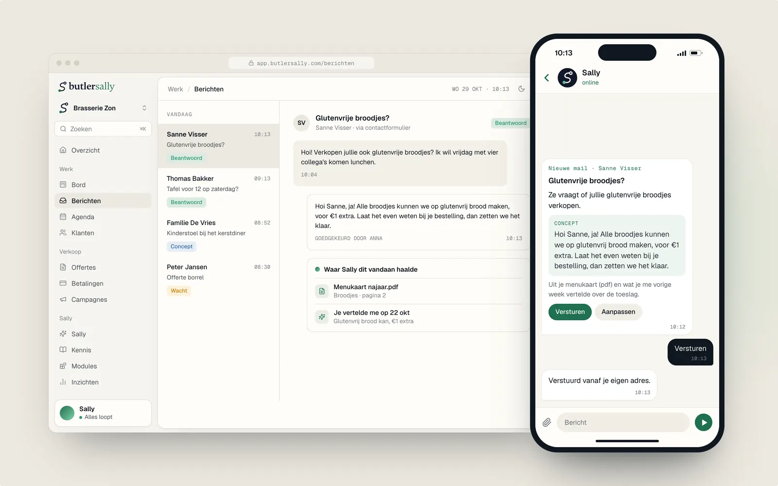 Links Berichten in het dashboard: de vraag van Sanne Visser over glutenvrije broodjes, het antwoord en waar Sally dit vandaan haalde (menukaart.pdf en wat je op 22 oktober vertelde). Rechts dezelfde vraag in Telegram met het concept