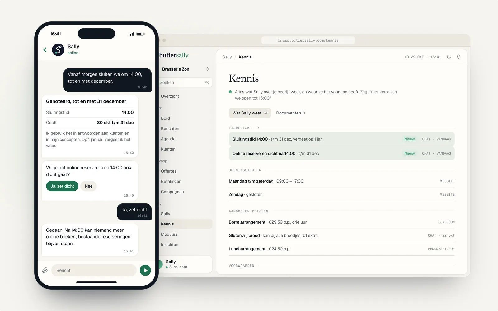 Links in Telegram: 'Vanaf morgen sluiten we om 14:00, tot en met december'; Sally noteert het tot 31 december en vraagt of online reserveren ook dicht moet. Rechts de pagina Kennis in het dashboard met alles wat Sally weet, met einddatum