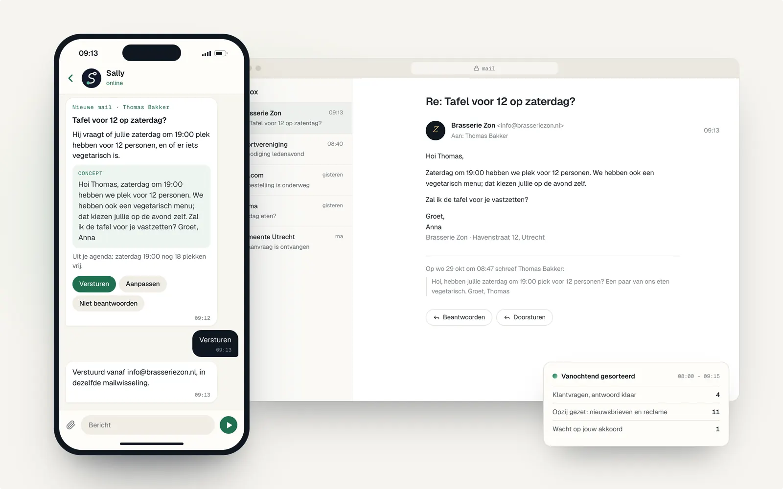 Links in Telegram: een nieuwe mail van Thomas Bakker over een tafel voor twaalf op zaterdag, met het concept-antwoord en de knoppen Versturen, Aanpassen en Niet beantwoorden. Rechts de mail zoals Thomas hem ontvangt, en het overzicht Vanochtend gesorteerd