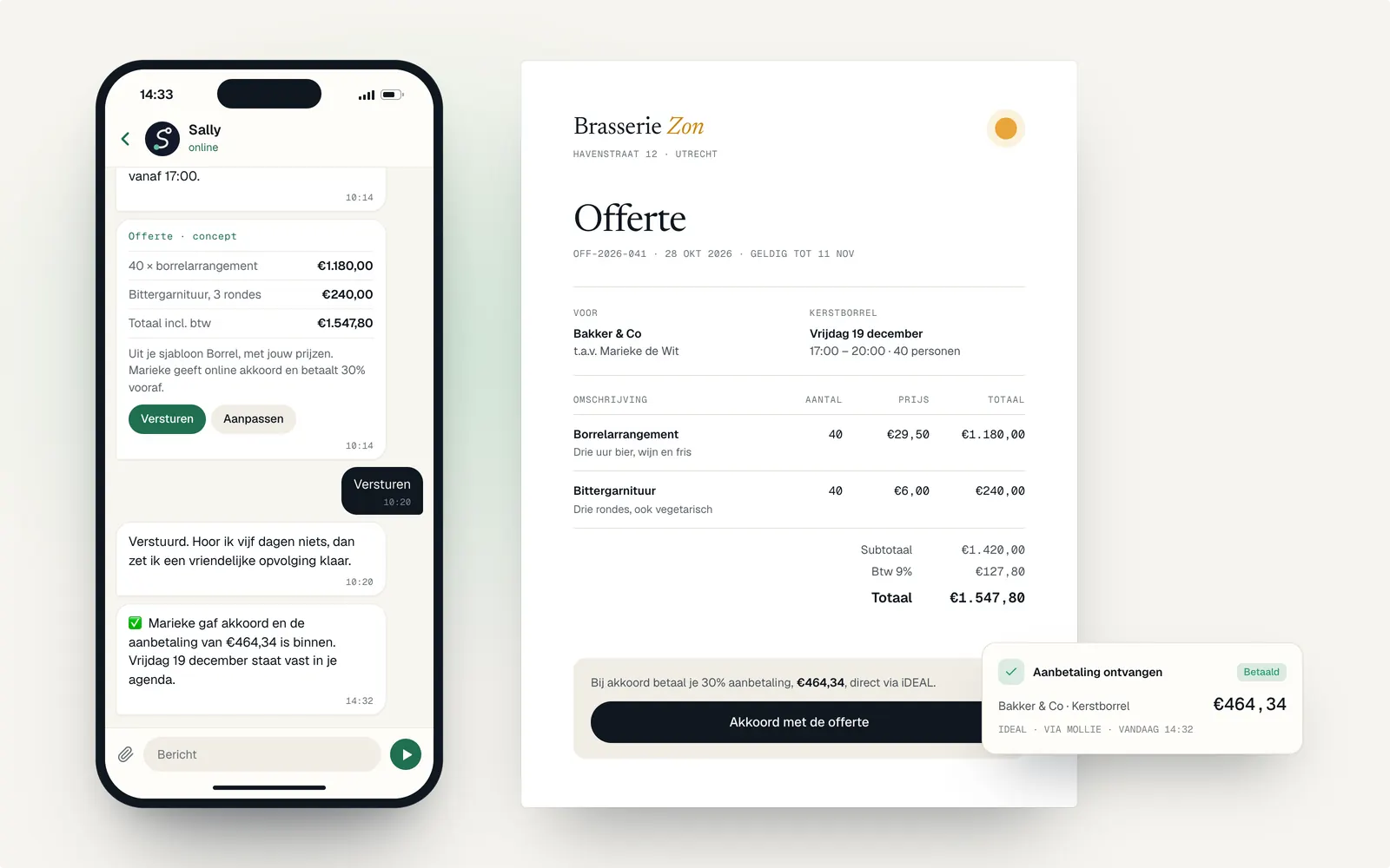 Links in Telegram: Sally maakt een offerte uit het sjabloon Borrel voor Bakker & Co, 40 personen; na Versturen meldt ze het akkoord en de aanbetaling van €464,34. Rechts de offerte-pdf van Brasserie Zon met de knop Akkoord met de offerte en de melding Aanbetaling ontvangen