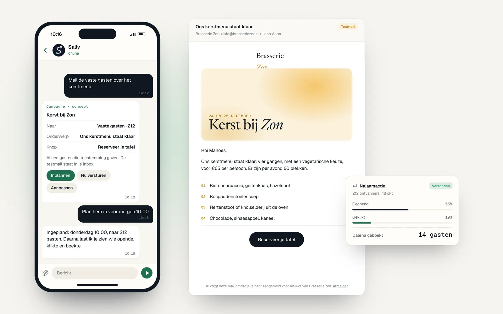 Links in Telegram: 'Mail de vaste gasten over het kerstmenu', de campagne Kerst bij Zon naar 212 vaste gasten, ingepland voor morgen 10:00. Rechts de testmail in de huisstijl van Brasserie Zon en de cijfers: 56% geopend, 19% geklikt, 14 gasten geboekt