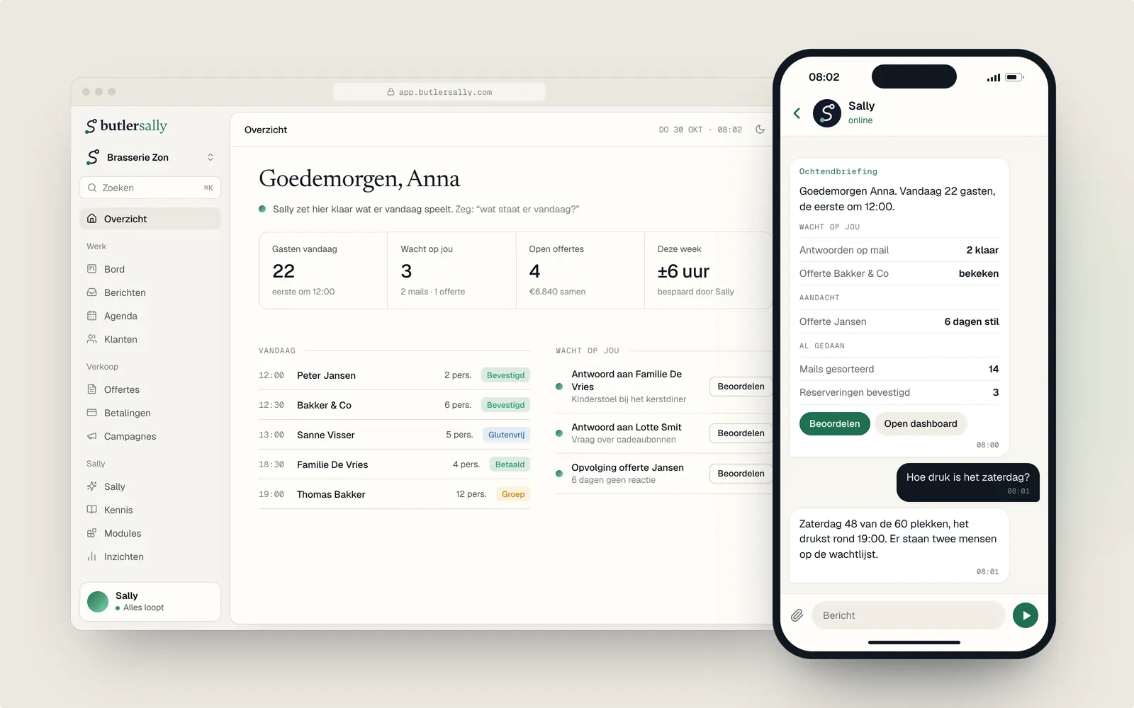 Links het Overzicht in het dashboard: Goedemorgen Anna, 22 gasten vandaag, 3 wachten op jou, 4 open offertes, ±6 uur bespaard deze week. Rechts de ochtendbriefing in Telegram en de vraag Hoe druk is het zaterdag?