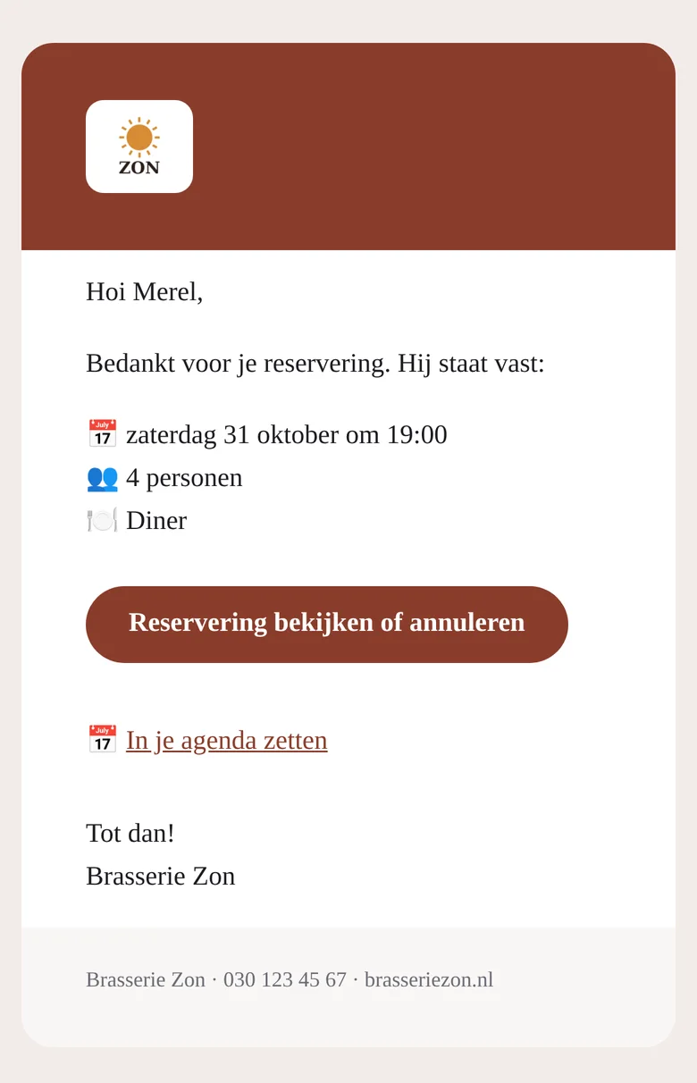 De bevestigingsmail van Brasserie Zon: zaterdag om 19:00, vier personen, diner, met een knop om de reservering te bekijken of te annuleren en een link voor je agenda