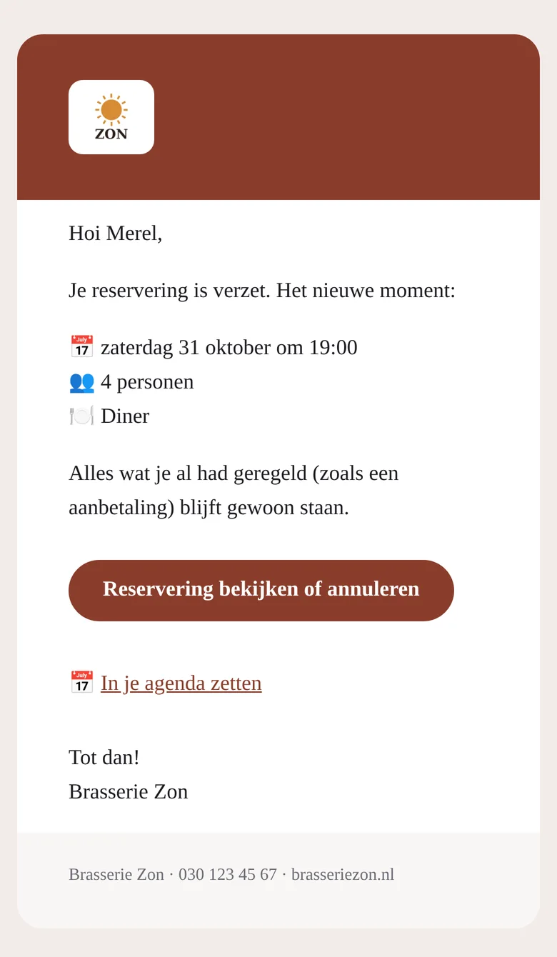 De mail over een verzette reservering, met het nieuwe moment
