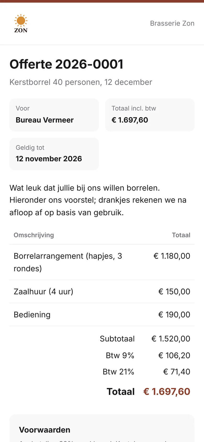 De offerte van Brasserie Zon op de telefoon van de gast: kerstborrel voor 40 personen, met de regels, de btw en het totaal van €1.697,60