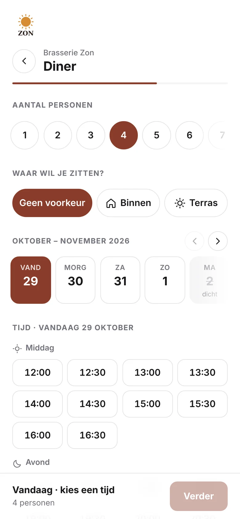 Diner voor vier personen: binnen of op het terras, een datum en de vrije tijden per dagdeel
