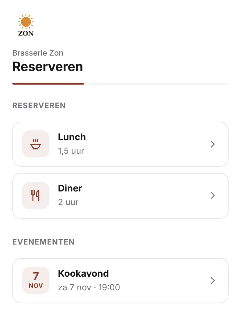 De reserveringspagina van Brasserie Zon: kies lunch, diner of de kookavond op 7 november