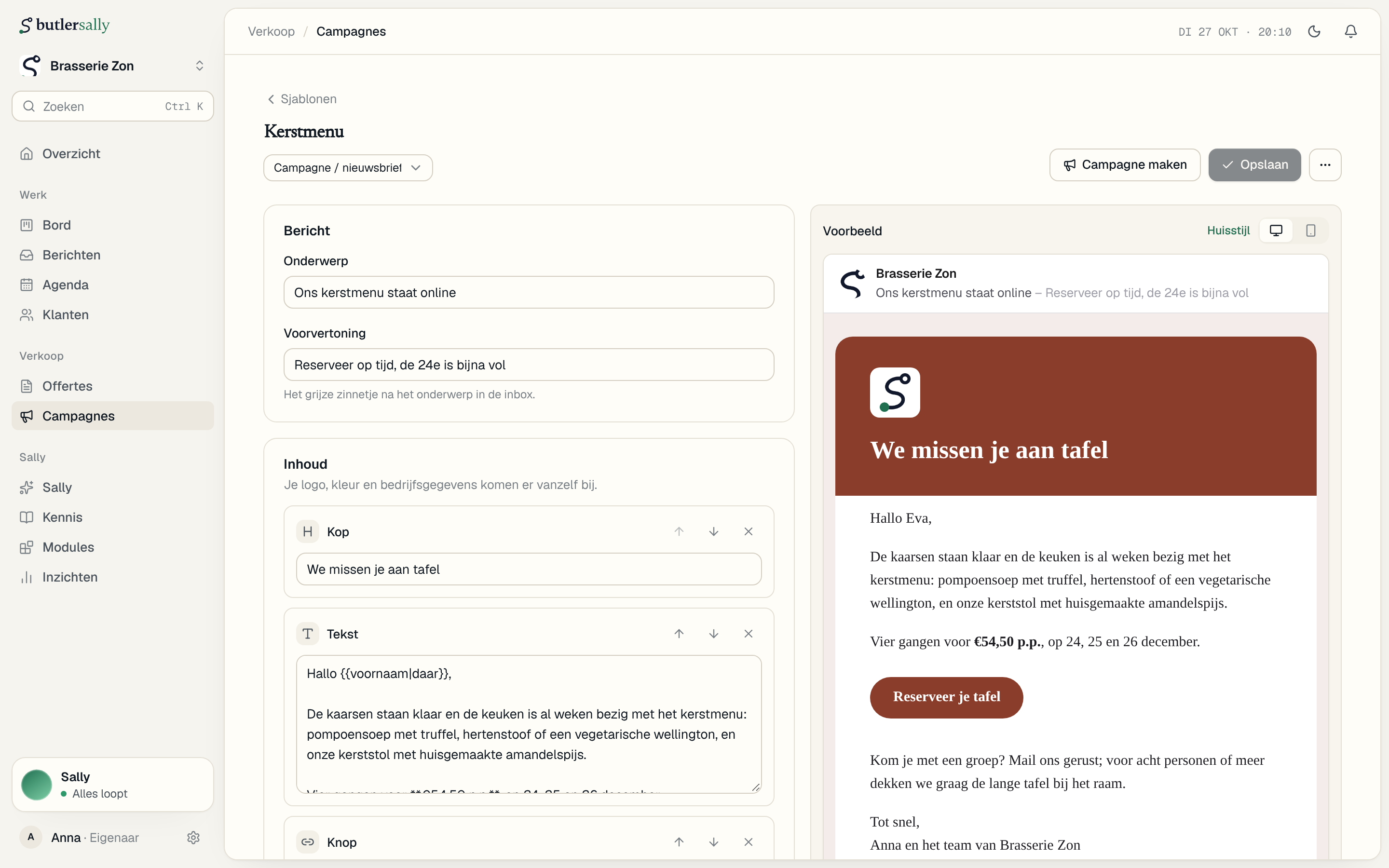 Het sjabloon Kerstmenu in het dashboard van Brasserie Zon: links de blokken kop, tekst en knop, rechts het voorbeeld in de huisstijl met de knop Reserveer je tafel